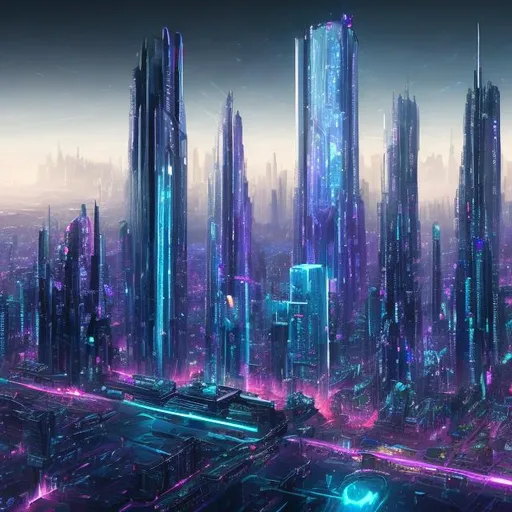 Prompt: Description:
Imagine a sprawling, futuristic metropolis set in a distant future where technology and cyber enhancements are an integral part of daily life. The cityscape is dominated by a colossal, towering skyscraper at its center, which serves as the heart of commerce, technology, and government. The building should have a sleek and modern design, with reflective surfaces and holographic displays.

Cityscape:
The city sprawls out in all directions, with a dense network of roads and walkways connecting the towering skyscrapers. Flying cars zoom through the sky, leaving luminous trails behind them. The streets are lined with neon signs, holographic billboards, and bustling crowds of people with cybernetic enhancements.

Cyber Lights:
The city is ablaze with neon and LED lights of every color imaginable. Buildings are adorned with dynamic lighting, creating a mesmerizing display that reflects off the sleek surfaces. Neon signs and holographic advertisements bathe the streets in a vibrant, futuristic glow. You can also incorporate reflections of these lights on the surface of the flying cars to enhance realism.

Time of Day:
Consider the time of day to set the mood. A nighttime scene with the city illuminated by neon lights and the sky filled with flying cars creates a cyberpunk atmosphere. Alternatively, you could explore a dawn or dusk setting, where the city transitions between day and night.

Composition:
Experiment with different angles and perspectives to showcase the enormity of the central skyscraper and the intricate details of the cityscape. You might choose a viewpoint from a high vantage point, allowing you to capture the sprawling city below.

Details:
Pay attention to the intricate details of the flying cars, city architecture, and cyber enhancements of the people. Incorporate reflections, shadows, and atmospheric effects to add realism to your artwork.
