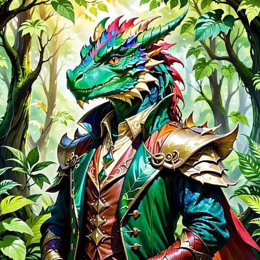 Prompt: Solo, male, dragonborn, anime style, location: forest, bard costume, portrait