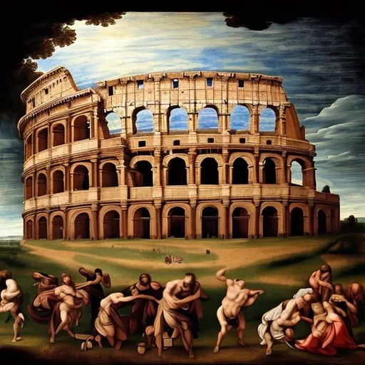 Prompt: Draw a renaissance painting of the roman Colosseum 