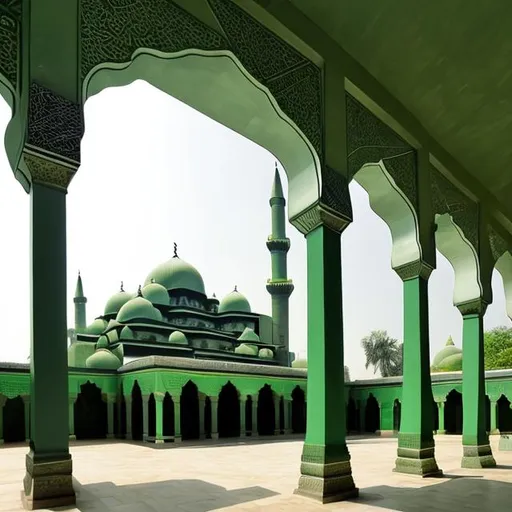 Prompt: A green mosque with traditional architechure.