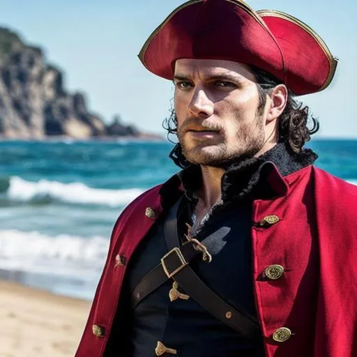 Prompt: henry cavill with a beard as a pirate captain long red coat