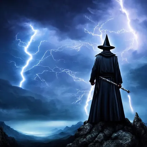 Prompt: Dark fantasy artwork of a wizard with a big hat on top of a mountain in front of a landscape covered in lightning storm clouds, He has his arms outstretched, he has a silver staff in his left hand and a he have a blue flame on the top of his big hat.
He is alone.
Detailed