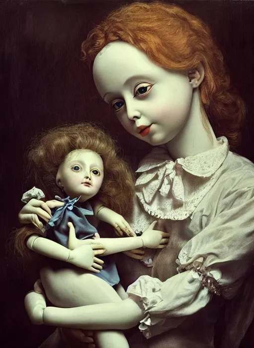 Oil painting of a porcelain doll that has seen hard... | OpenArt