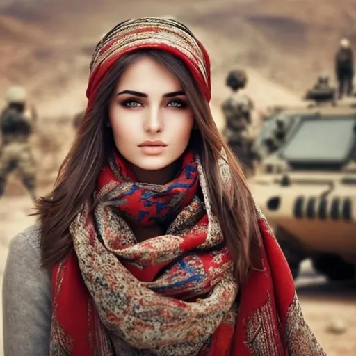 Prompt: Beautiful turkish girl with scarf on head and soldiers 