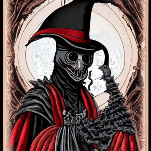 Prompt: plague doctor
tall
buff
black and red