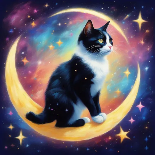 Prompt: a colourful tuxedo cat made of stars and outer space, jumping over the moon in space a photorealistic impressionistic Disney style.