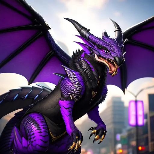 Prompt: Portrait of an anthro wyvern with striking purple fur and iridescent black markings and a cute face, liminal space streets, perfect composition, hyperrealistic, super detailed, 8k, high quality, trending art, trending on artstation, sharp focus, studio photo, intricate details, highly detailed, by greg rutkowski