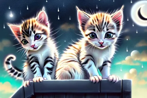 Prompt: 1 white mama cat sits on a rooftop looking at the moon, two kitten play around her, one kitten white and playful, one kitten dark gloomy and barely looks interested in playing. Backside view, Rain, iridescent clouds, anime style,  hyperealistic, 