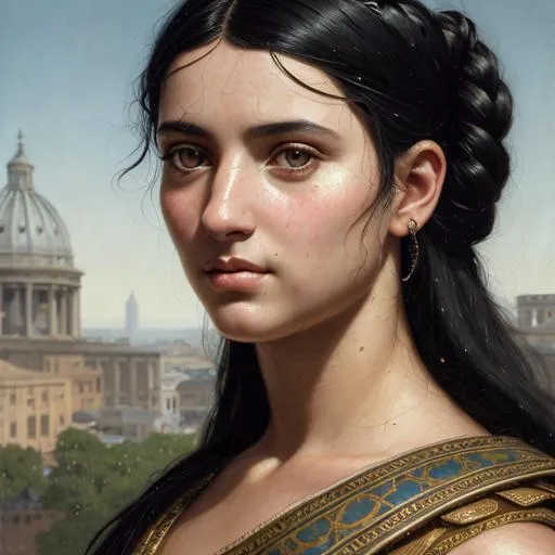 Prompt:  Portrait of a beautiful  Roman girl with Black hair and olive skin with a beautiful face. Dark eyes.  perfect composition, hyperrealistic, super detailed, 8k, high quality, trending art, trending on artstation, sharp focus, studio photo, intricate details, highly detailed, by greg rutkowski