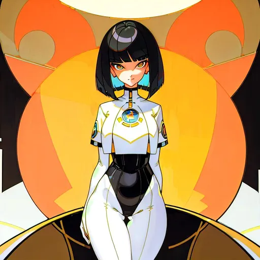 Prompt: a lonely AI girl, very tall, thick thighs, wide hips, long legs, slender waist, big beautiful symmetrical eyes, intriguingly beautiful face, aloof expression, bob haircut with bangs, Art Deco art style, 12K resolution, hyper quality, hyper-detailed, depth of field