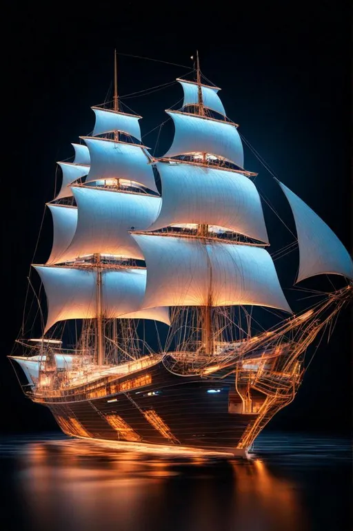 Prompt: Glass schooner sailing fly with a dark background with coding floating in the water, tecnology codes, future lines, modern codec, neon lights, luminy, modern lights 