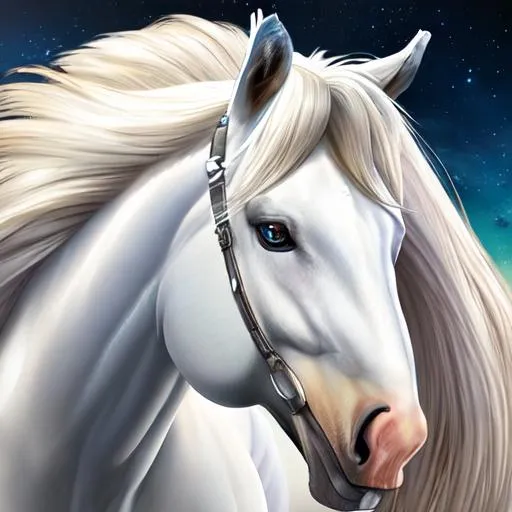 Prompt: A beautiful stallion with a shiny  coat,wearing a saddle, realistic, celestial background