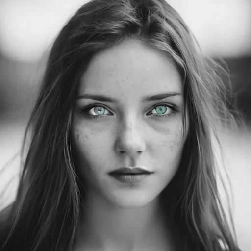 Prompt: Womans face in black and white portrait but her eyes in color close up shot
