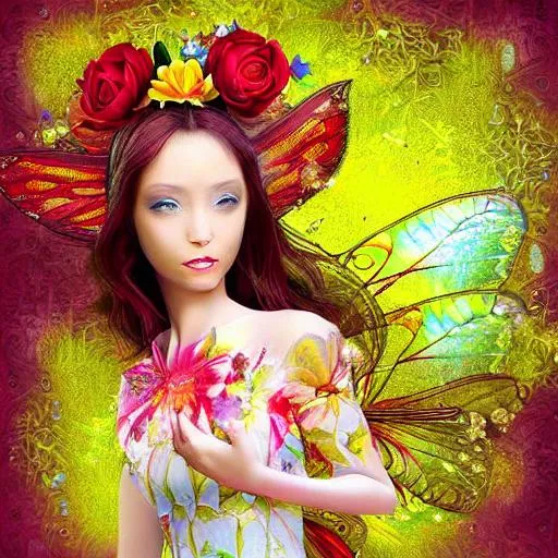 pretty fairy goddess with red, otange and yellow flo... | OpenArt