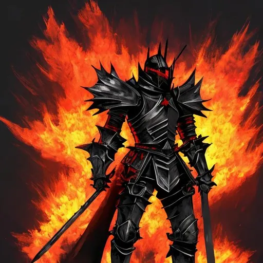 Prompt: An all Black knight standing in the middle of a huge fire/ anime style

