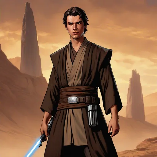 Prompt: 20-year-old Jedi, Dark brown layered robes over grey tunic, layered robes, brown robes, short black hair pulled back, brown Jedi belt with small silver buckle, square chin, young man, detailed art, high quality texture, Star Wars character art, dark brown and grey Jedi robes, grey tunic, black vest, realistic lighting, studio lighting on face, detailed texture, crewcut hair, High quality art, Detailed digital art, dynamic lighting, epic
