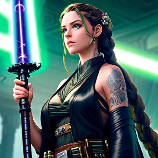 Prompt: (Breathtaking) ((star wars jedi woman)) realistic, cute green eyes, tattooed, gorgeous long hair, princess braids ((star wars empire))((Samurai)) jedi knight, ((holding a trident lightsaber)) {by: J. Scott Campbell}  ((high quality)),, {{ultra realistic, detailed, wearing leather harness halter}} (hdr), ((bokeh)), (((photorealism))), ((photo)), ((Realistic lighting)), ((Authentic)), ((Chromatic Aberration)), ((Lens Distortion)), (Grain), ((sharp focus)), ((Flattering Light)), 1girl, textured skin, shiny skin, textured shiny skin, cinematic dramatic angle, wearing open toe sandals, shoulder guard leather on their left arm, a padded sleeve manica on their right arm, dirty battered, battle worn, battle hardened, dirt scuffs, dusty, black hair, deep features, muscular toned body, many battle scars, 