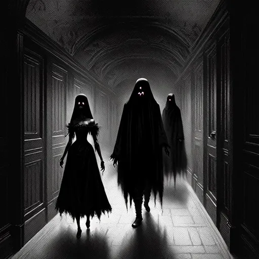 Prompt: balck ghost-like figures wandering in a dark corridor, intricate scene, dreadful, dark, victorian, enhanced facial details, concept art trending on artstation