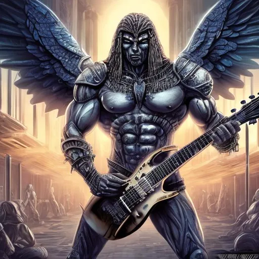 Prompt: Bodybuilding Assyrian Winged chained warrior playing guitar for tips in a busy alien mall, widescreen, infinity vanishing point, galaxy background