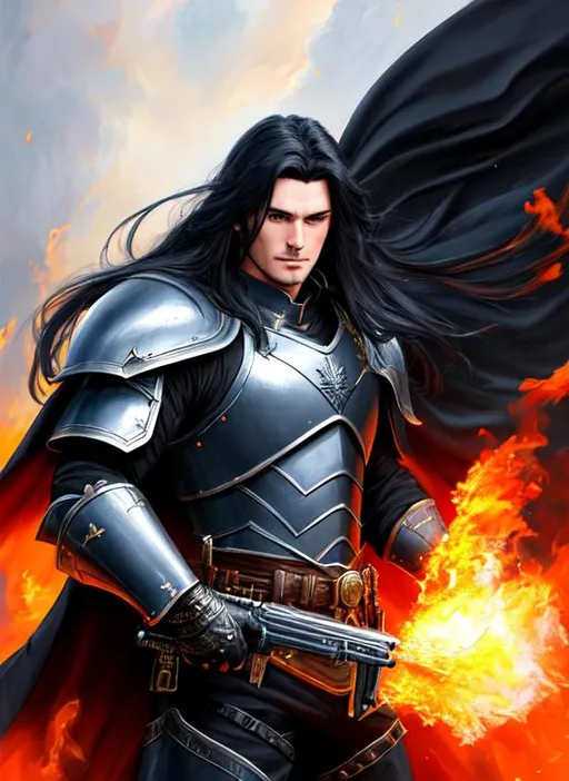 Prompt: oil painting, UHD, hd , 8k, , Very detailed, panned out view with whole character,male fighter character, long black hair, wears a metal armour, wears a dark cape, holds a futiristic gun and is summoning fire