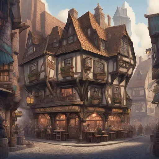 Prompt: fantasy city tavern seen from bustling city street surrounded by other buildings in the style of a D&D reference picture