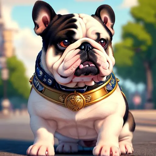 Prompt: Highly realistic of Bulldog dog,cute,wearing cool stuff,pretty eyes,Adorable,happy,playing,masterpiece,epic,soft lighting,fancy,highly detailed,Sharp focus,on the street,full of tree,riches,blue sky,cloudy,ultra-fine detailed,aesthetic,ilustration,artstation