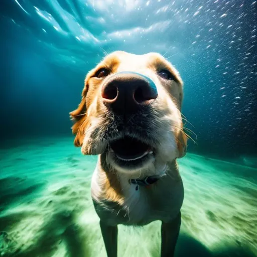 Prompt: Looking at dog face from underwater