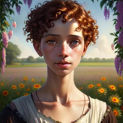 Prompt: An ethereal highly detailed painting of a very beautiful very poor 1920's migrant worker woman, tattered clothes, perfect complexion, gorgeous clean face,
curly auburn hair, award-winning,  Cinematic fantasy atmosphere, farm field, hot sun, cgi, artgerm