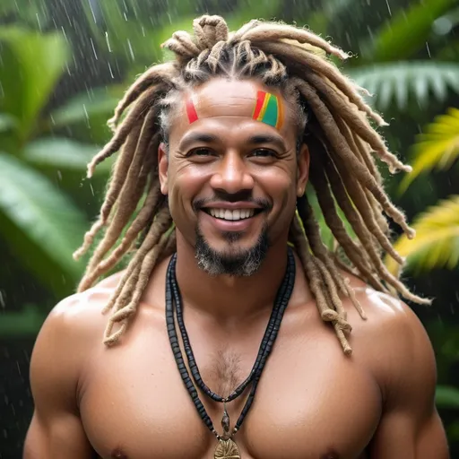 Prompt: full body portrait of a very handsome, middle-aged Afro-Latino hunky hairy chubby man with longer sandy brown curled dreadlocks, light eyes, thick pink lips, "hyperreal detailed face", calm smile, attractive pink lips, rain forest, travel shot, detailed facial features, detailed locs, hyperreal, perfect composition, hyperrealistic, super detailed, 8k, high quality, sharp focus, studio photo, photography, natural light, intricate details, highly detailed, hyperrealistic, very long hair locs, soaked