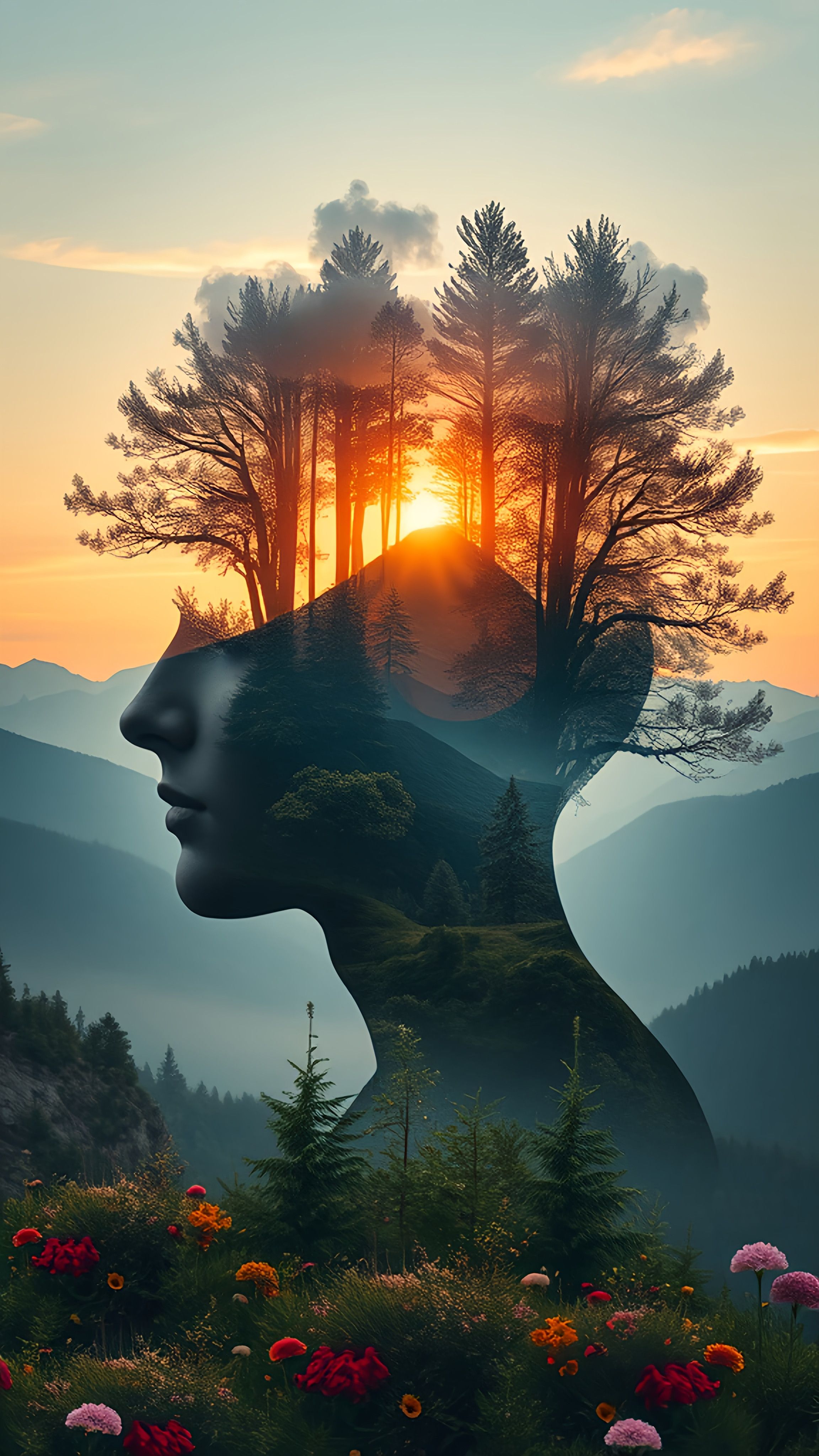 Prompt: a woman's face with trees and mountains in the background, with the sun setting behind her and a forest in the foreground,  environmental art, surreal photography, digital art