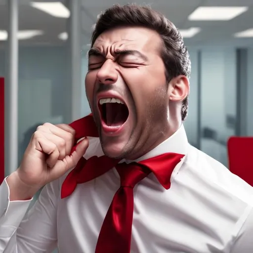 Prompt: A man screaming with white office attire and red tie

