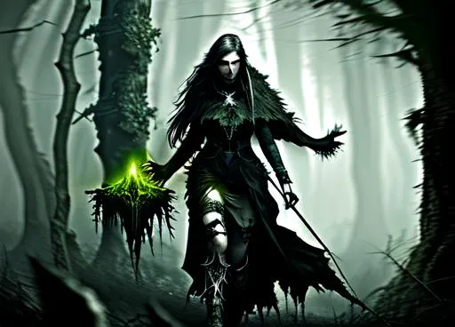 Prompt: Future,war,gothic,bleak,fantasy, UHD,4k,Realistic,Warlock/Druid,forest
