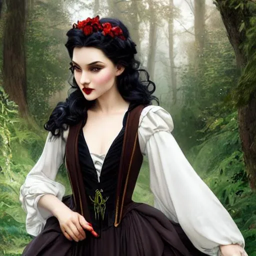 Prompt: Snow White as a vampire queen, with curly wavy very dark brown hair, intense green eyes, straight nose, full lips, gothic, victorian, intricate, elegant, highly detailed, digital painting, artstation, concept art, smooth, sharp focus, illustration, art by artgerm and greg rutkowski and alphonse mucha and william bouguereau