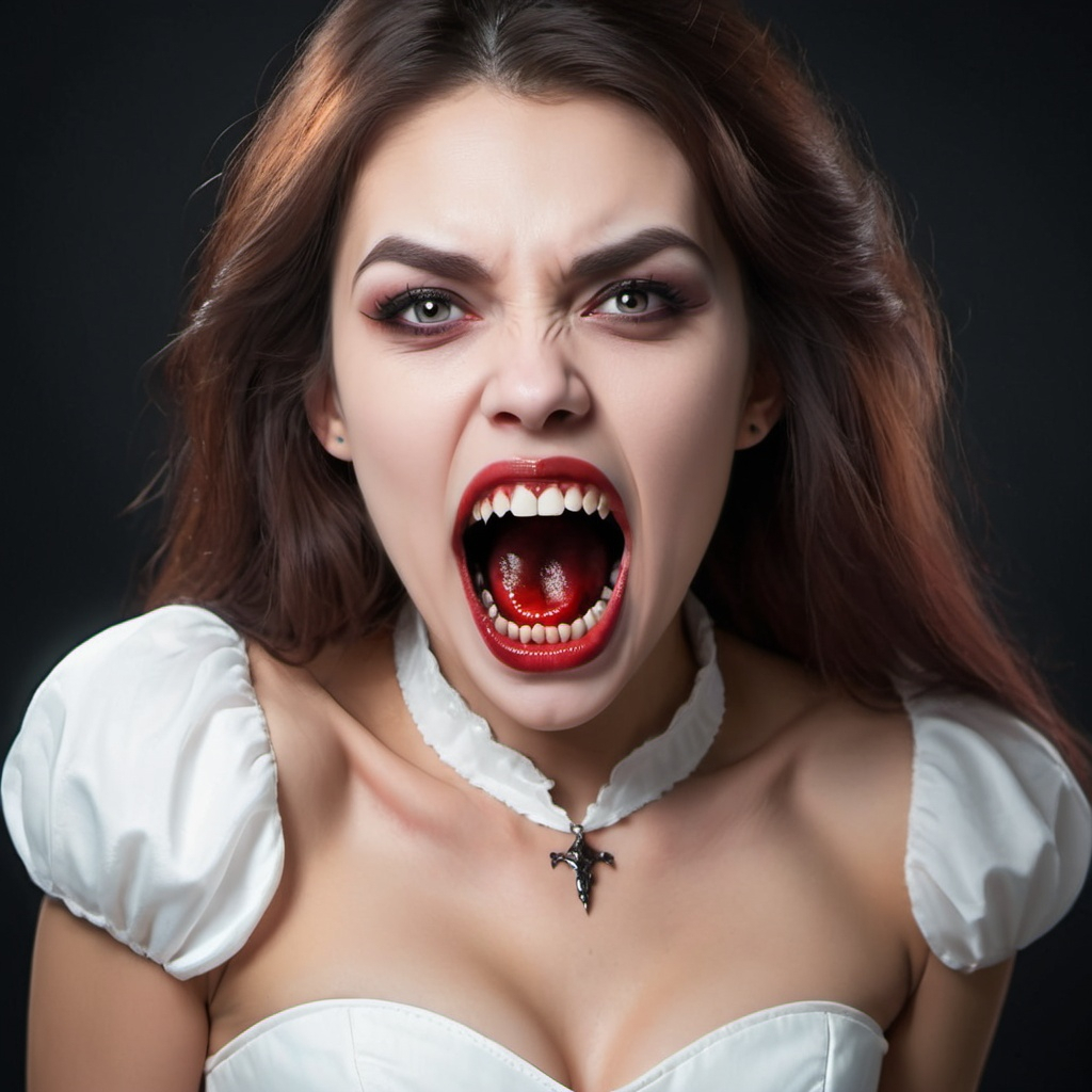 realistic beautiful woman vampire big teeth white dr...