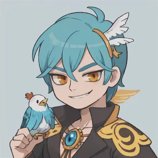 Prompt: God of birds, portrait, detailed, plain background, ochre eyes, blue feathered hair, male, fabulous, flamboyant, smirk, 
