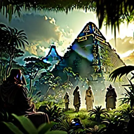 Prompt: A group wearing Jedi robes in a jungle, and in the distance is an Incan-style pyramid, cinematic lighting photo-realistic