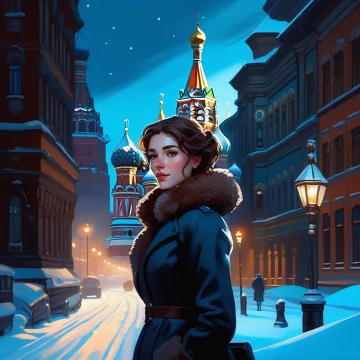 Prompt: Third person, gameplay, Russian girl, pale skin, freckles, curly brown hair, brown eyes, 2020s, smartphone, Moscow, night, snow, blue atmosphere, cartoony style, extremely detailed painting by Greg Rutkowski and by Henry Justice Ford and by Steve Henderson 