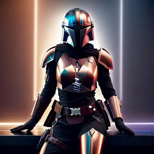 Prompt: Professionally illustrated art of a female Mandalorian with armor, helmet, and gloves on, pinup style, Hyper realistic, sharp focus, Professional, UHD, HDR, 64K, highly detailed, in a night club