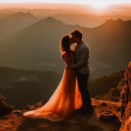 Prompt: couple kissing on mountain sunset handmade