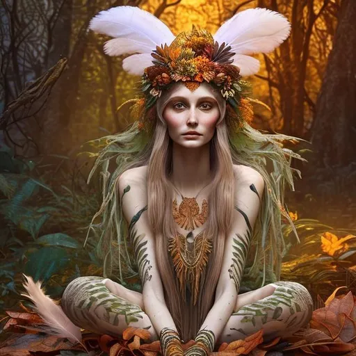 Prompt: A gorgous pale goddess with a feather headdress sitting in the forest. She has patterns on her skin. A frog sits at her Feet. Photorealistic. warm colours.  Autumn Vibes. psychedelic patterns in the Background.