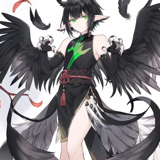 Prompt: Male, claws with paws for hands, black hair, green eyes, wings, feathered from elbow to shoulders, feathered from kneecaps to hips, claws for legs, swarthy, haori, wings for ears, male, boy