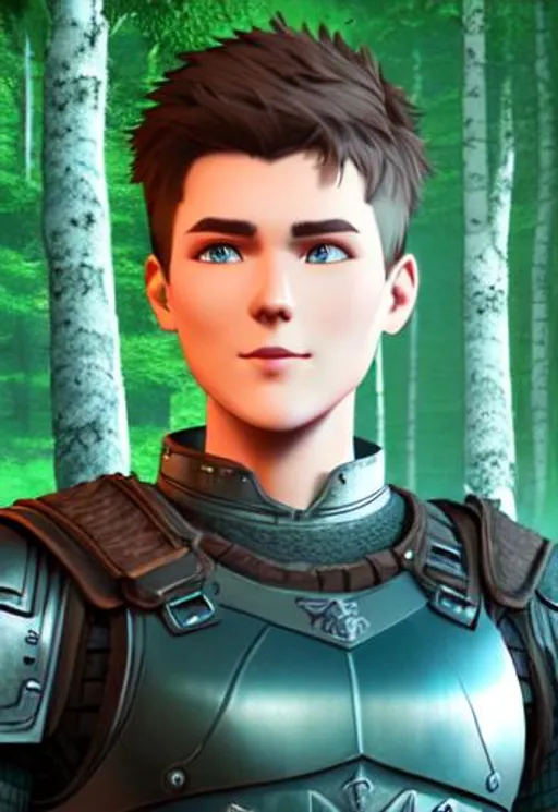 Prompt: Digital art, a 21-year-old viking man, subtle smile, short dark brown hair, brown hair, muscular, viking forest, green gear, silver armor, light green eyes, Tidal Class seal on chest armor, unreal engine 8k octane, 3d lighting.