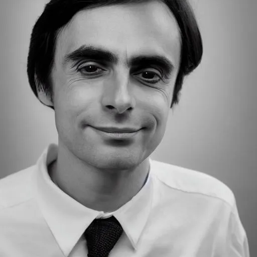 Prompt: photo realistic portrait of young Carl Sagan, centered in frame, facing camera, symmetrical face, ideal human, 85mm lens,f8, photography, ultra details, natural light, light background, photo, Studio lighting
