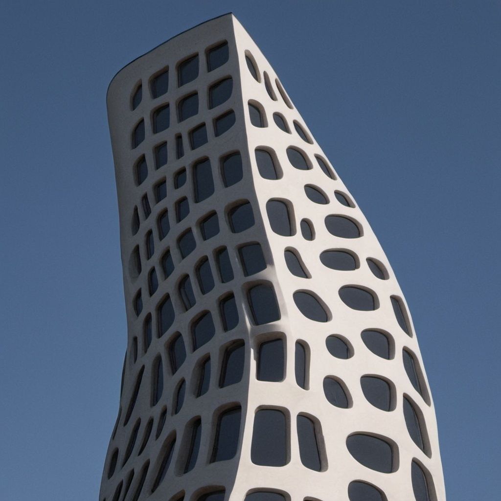 Prompt: a tall building with a very large curved design on it's side,  modernism, bold shapes, an abstract sculpture