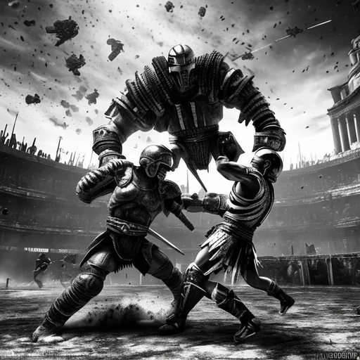 Prompt: monochrome, H.R. Geiger, mortal combat, gladiator match, brutal fight, torture, scifi arena, skyscraper,  duel