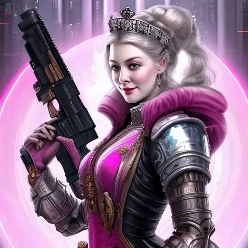 Prompt:  smug smiling noble lady with powdered face who looks likes like queen victoria in pink long regal dress made of steel and holding a futuristic shotgun. 8k, splash art, futuristic
