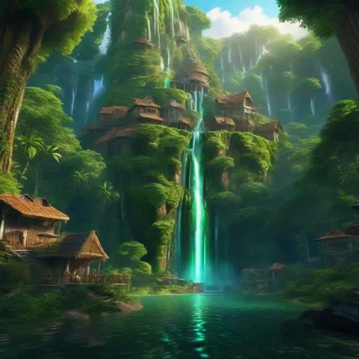 Prompt: Envision a civilization near a glowing waterfall in a lush forest. Fantasy, another dimension. Hyperrealistic, UHD, HD, 8K, houses, beautiful, highly detailed