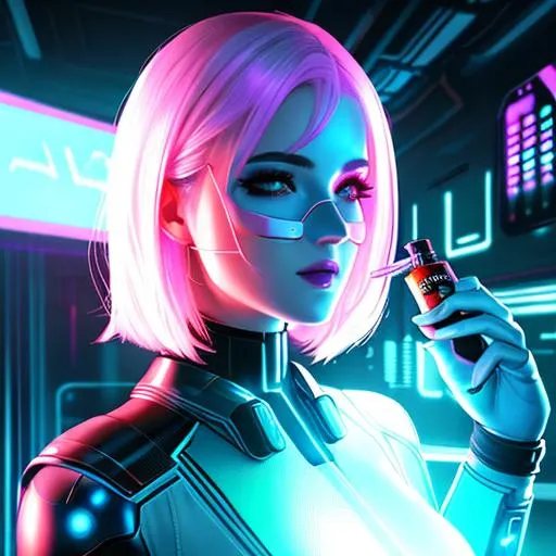 Prompt: futuristic female cyborg with a tincture for her nose wearing a dremen mask, hyper realistic, dramatic lighting, 4k, high contrast, cyberpunk cityscape, neon lighting, club scene, trending on Artstation, nightfall, staring at the viewer