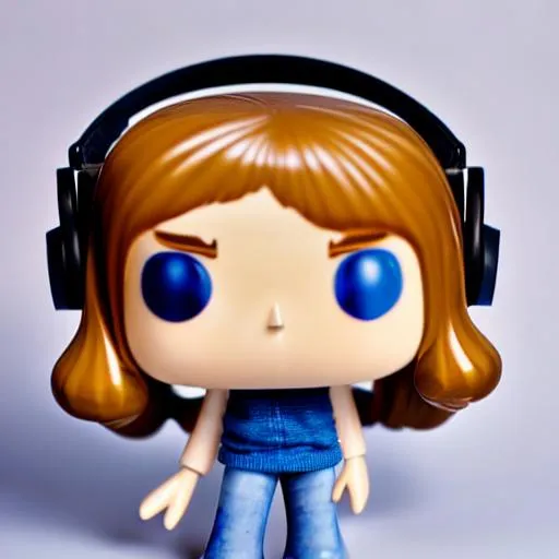 Prompt: Funko pop {object} figurine, made of plastic, product studio shot, on a white background, diffused lighting, centered a blonde hair girl with headphones and blue eyes in a buffalo plaid tee and jeans
