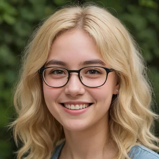 Prompt: Sharon, A 23-year-old female, wearing spectacles and having wavy blonde hair and Iban and spain descendants. Have a beautiful smile and fair glowing skin with dimple. 